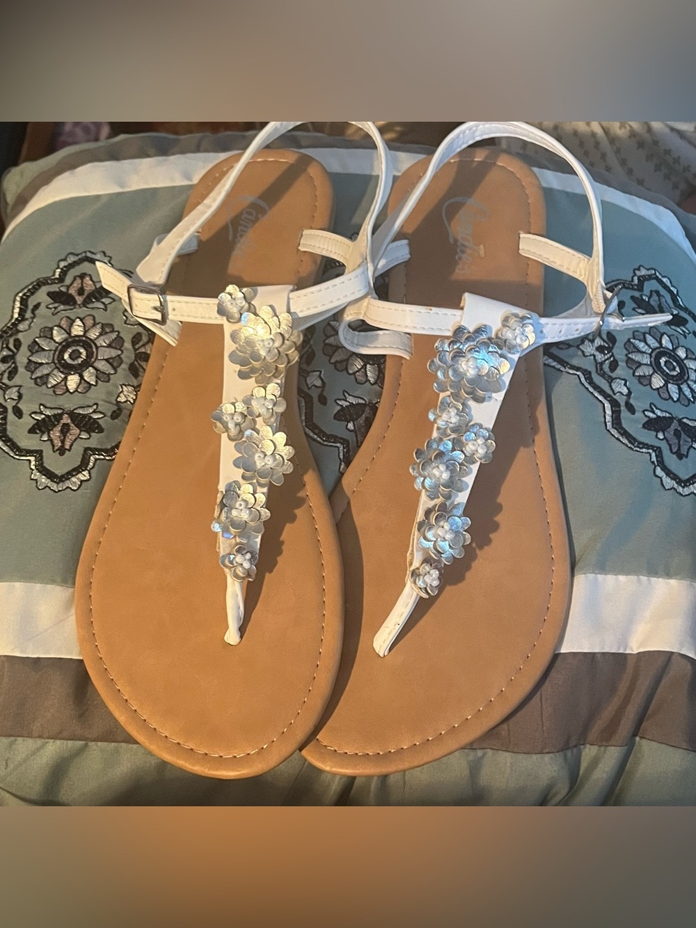 Candie's White T-Strap Sandals with Tan Footbed